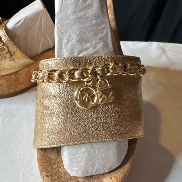 Michael Kors Shoes - Michael Kors Elsa Gold Platform Wedge Sandals Chain Charm Cork 6.5